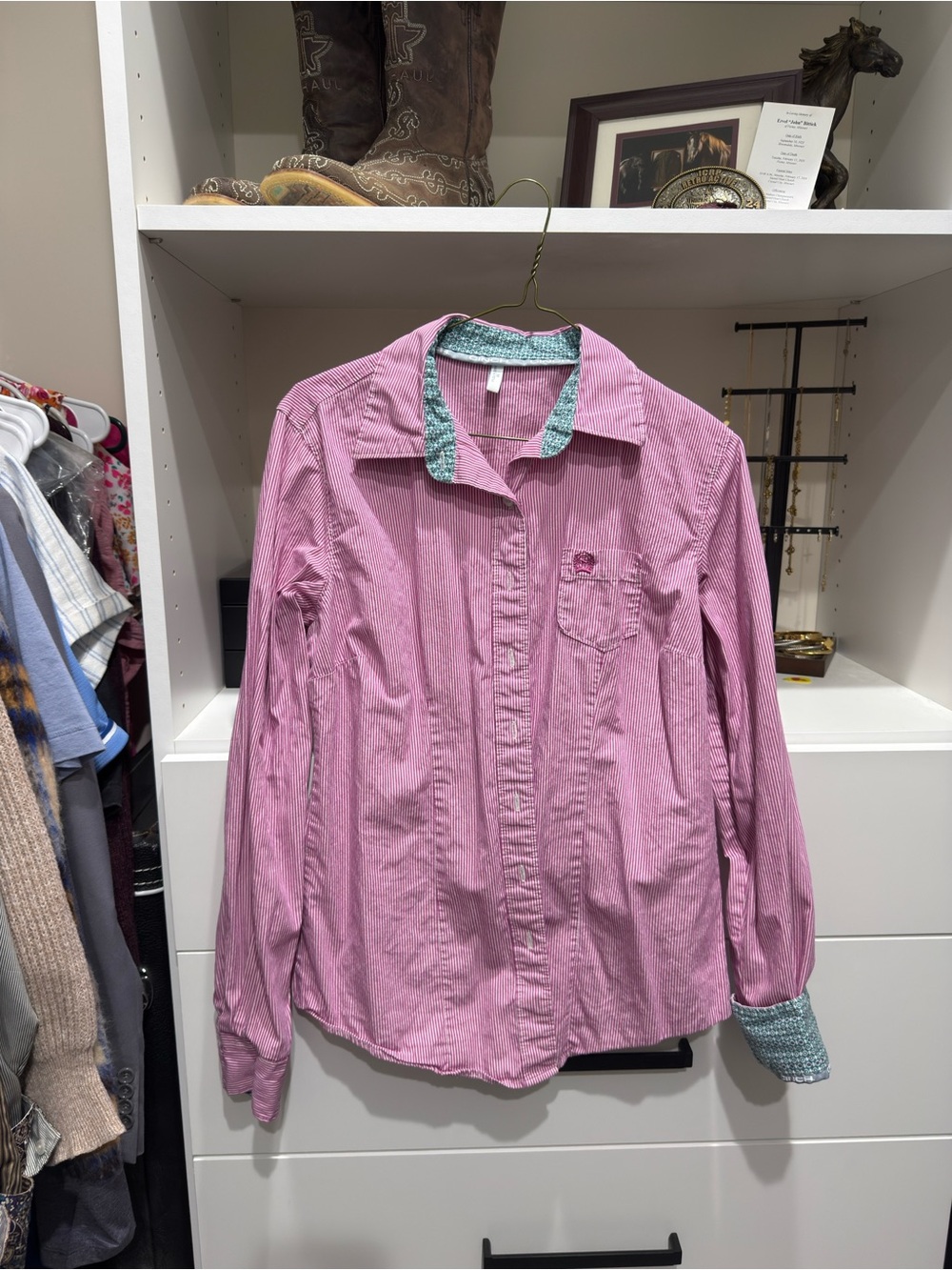 Cinch Women's Pink Button Down Shirt with Teal Contrast
